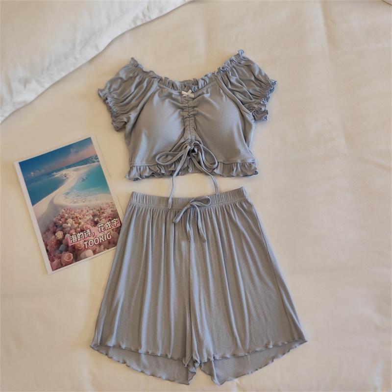 Women's Summer Puff Sleeve Modal Pajamas Set with Integrated Breast Pads - Sexy Pure Desire Homewear