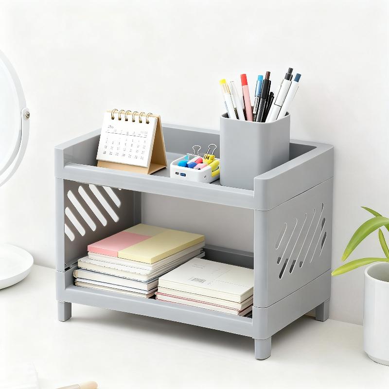 Office Desk Organizer, Double Layer Desktop Storage Rack for Stationery Supplies, Multifunctional Space Saving PP