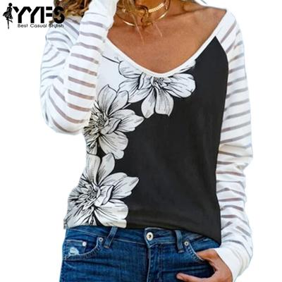 Blusas y camisas con cuello en V de manga larga con estampado de flores informales para primavera y otoño para mujer