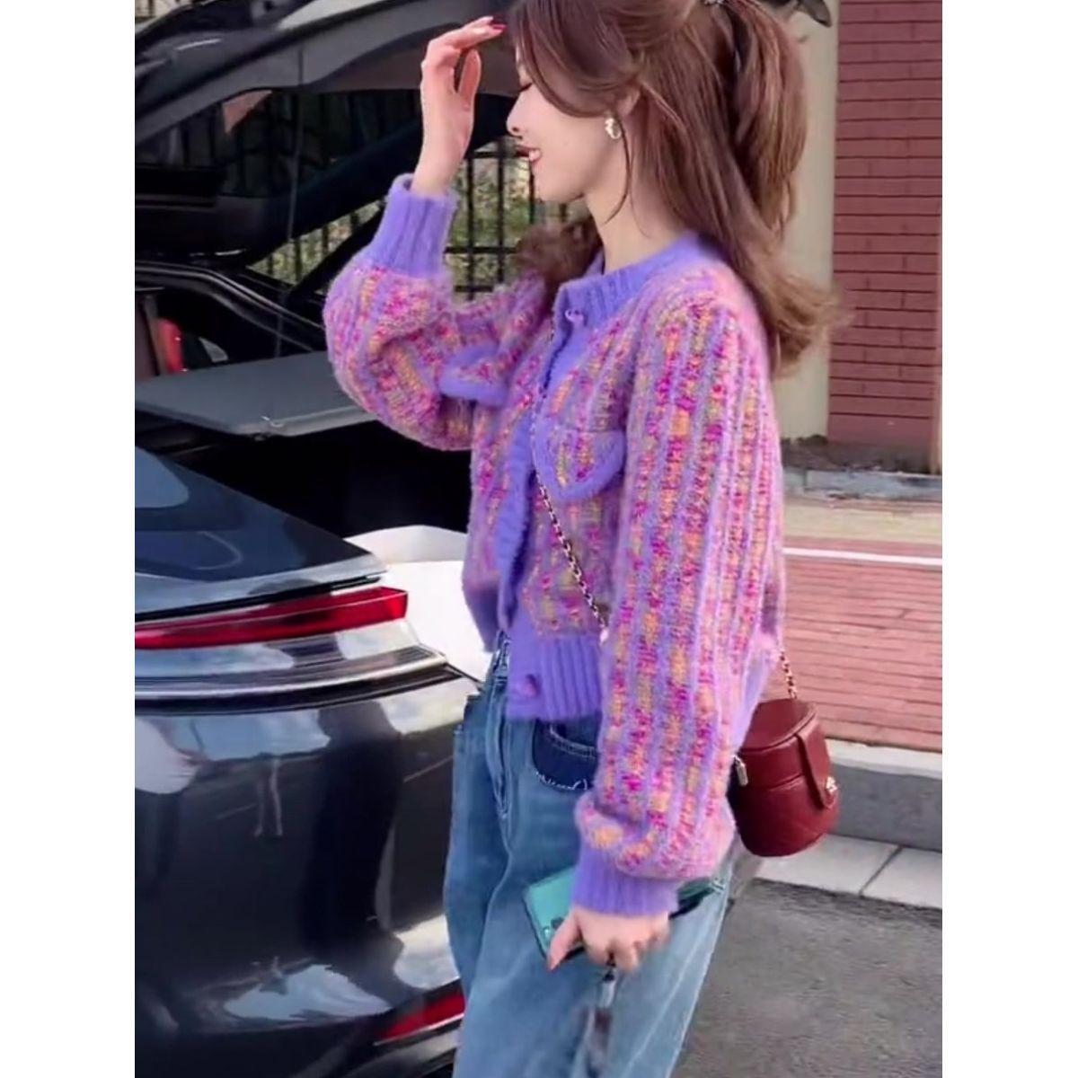 Women s Purple French Style Retro Knitted Cardigan - AutumnWinter Long Sleeve Thickened Short Round Neck Sweater M 2489₽