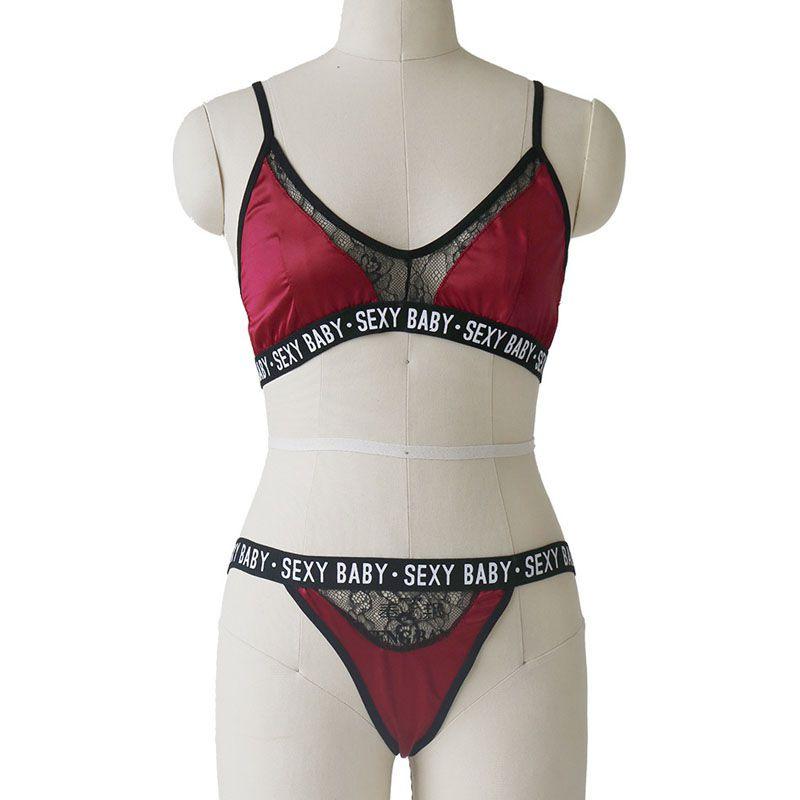 Elegantes Sexy Baby-Buchstaben-Print BH- und Höschen-Dessous-Set mit zarten Spitzenverzierungen