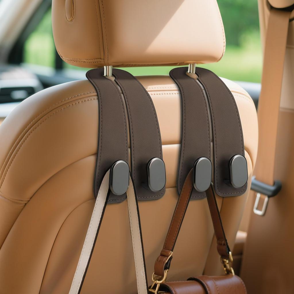 Hangerspace Headrest Hooks, Set of 2, Leather & Metal for Cars, Double Hooks, Bag