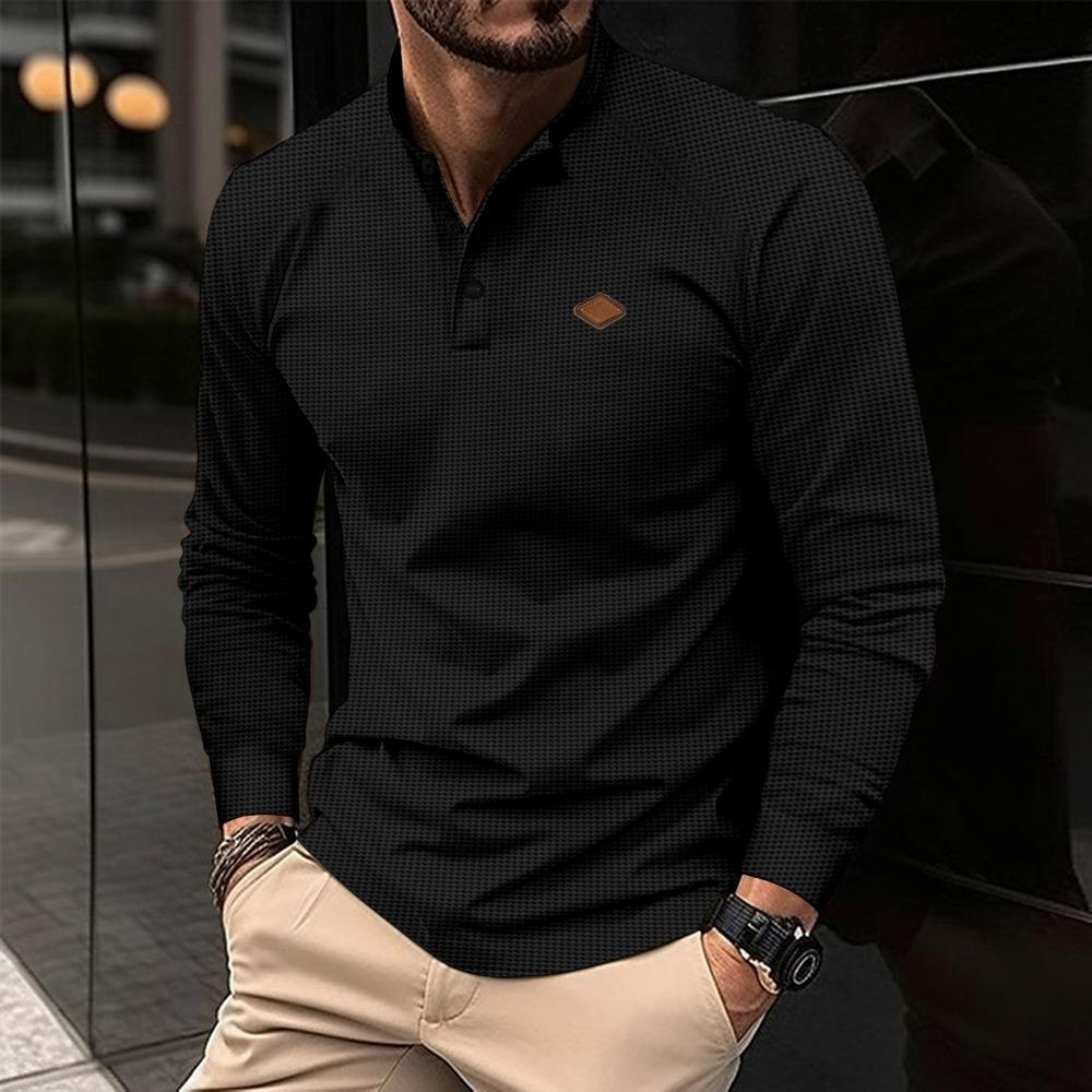 Waffle Autumn Winter Men's Polo Shirts Collar Solid Color Long Sleeves Sport Tops Fashion Casual Polos