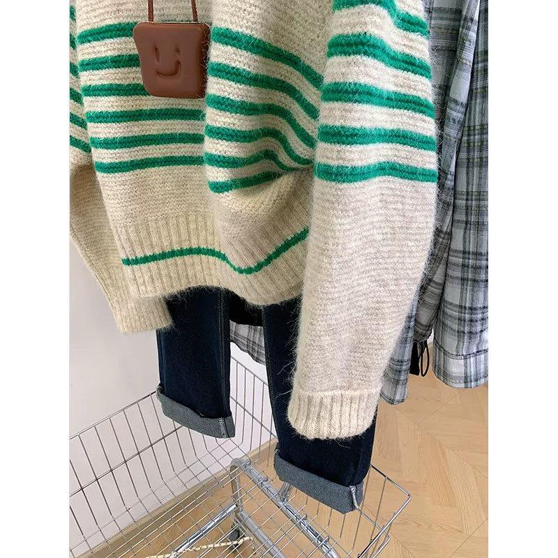 Women's Retro Stripe Knit Sweater - Versatile Loose-Fit Autumn Layer
