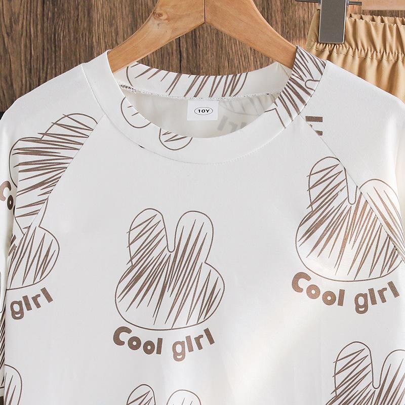 Girls' Big Kids Outfit Children's Clothing Autumn New Rabbit English Print Long Sleeve T-Shirt Top Casual Wide-Leg Pants