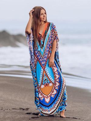 European-American Cotton Triangle Print Beach Dress & Bikini Cover-Up