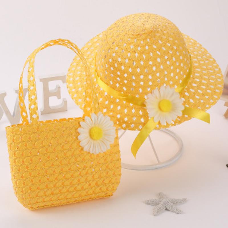 Kids Charm Princess Straw Baby Girl Sun Beach Hat Flower Cap & Handbag Lovely Summer