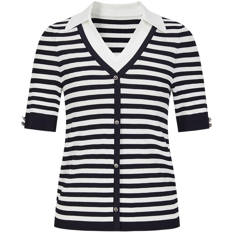 JUZUI Faux Two-Piece V-Neck Striped Knit Short Sleeve Top
