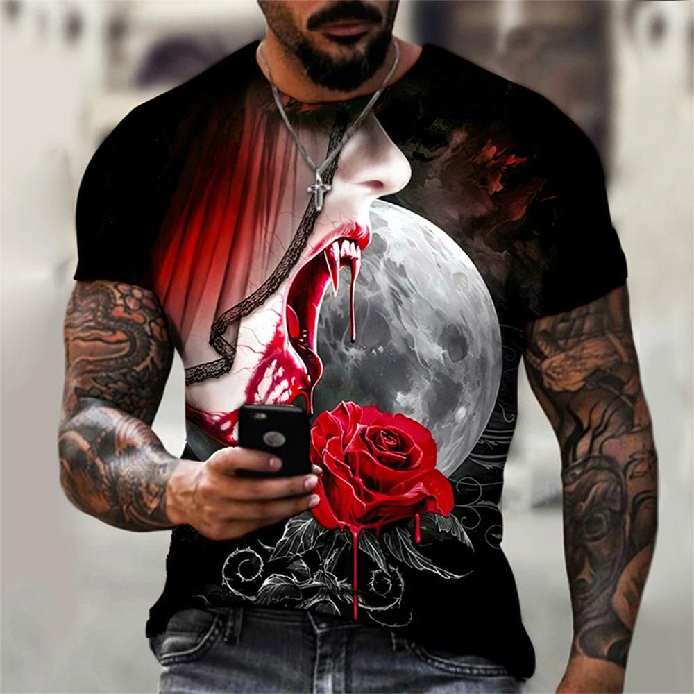 2025 Summer Men T-shirt 3D Graphic Bright Rose Print Vintage T Shirt Men Women Tshirt Casual Short Sleeve O-neck Streetwear