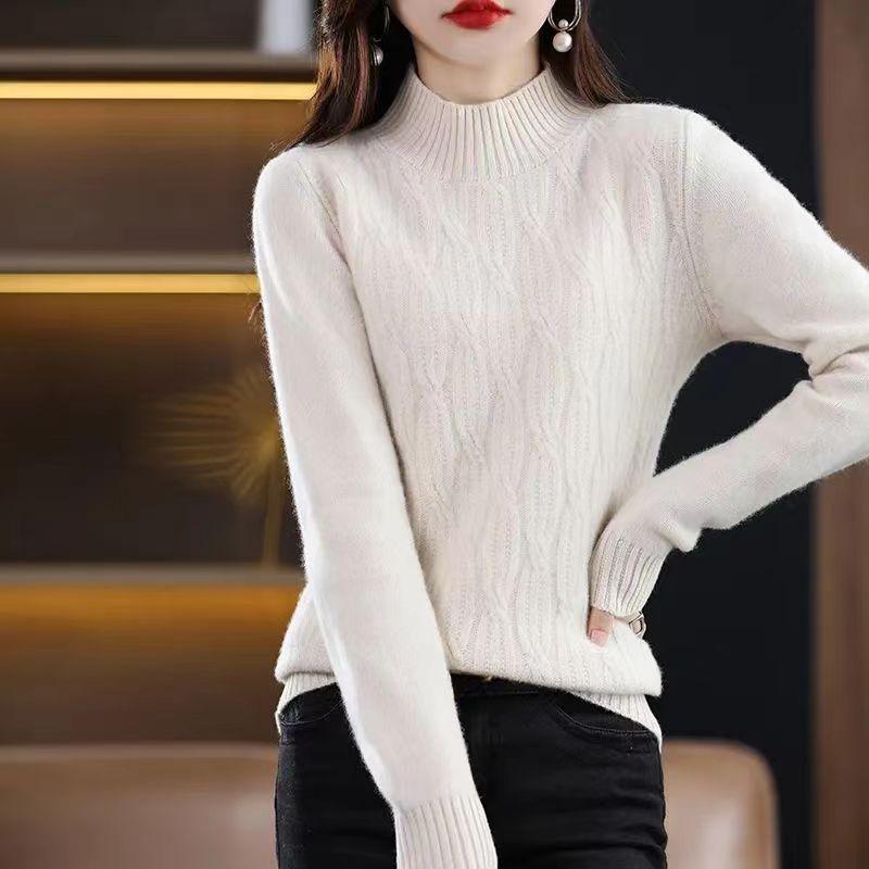 Autumn Winter Thick Warm Sweater Women Half High Collar Cashmere Sweater Korean Solid Green Casual Basic Pullover Knitwear