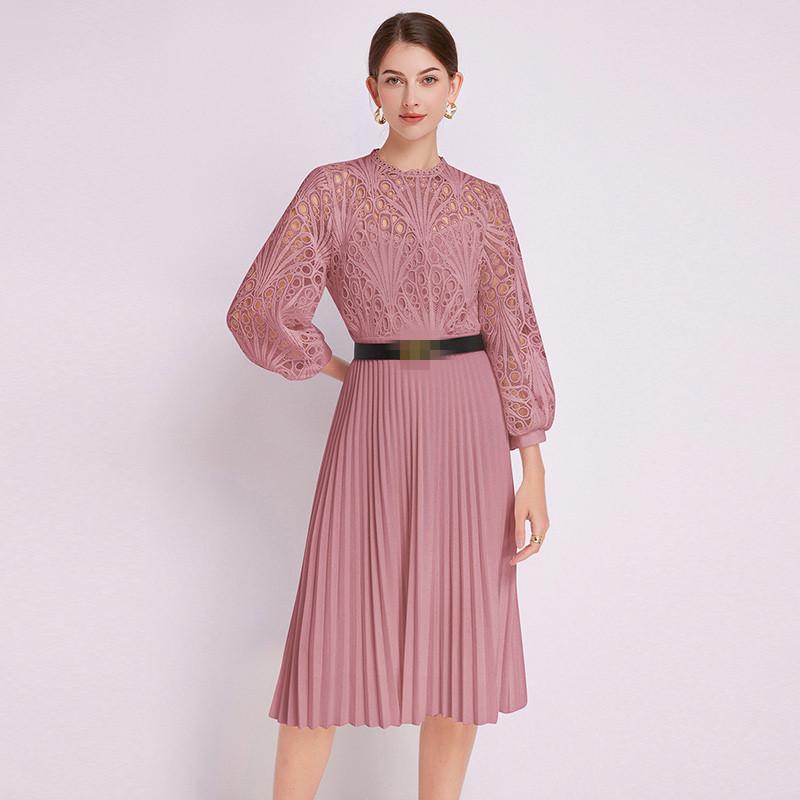 

Нова модна мереживна сексуальна порожниста плісирована літня сукня, жіноча елегантна суцільна сукня з вишивкою з рукавом три чверті в стилі печворк XXL рожевий