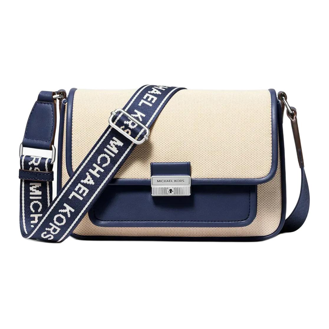 

Michael Kors MK Bradshaw Adjustable Shoulder Strap Fabric Crossbody Bag Medium Women bags Beige Navy-Blue 35S5S2BM8C-NAVY Basic Set (Bag)