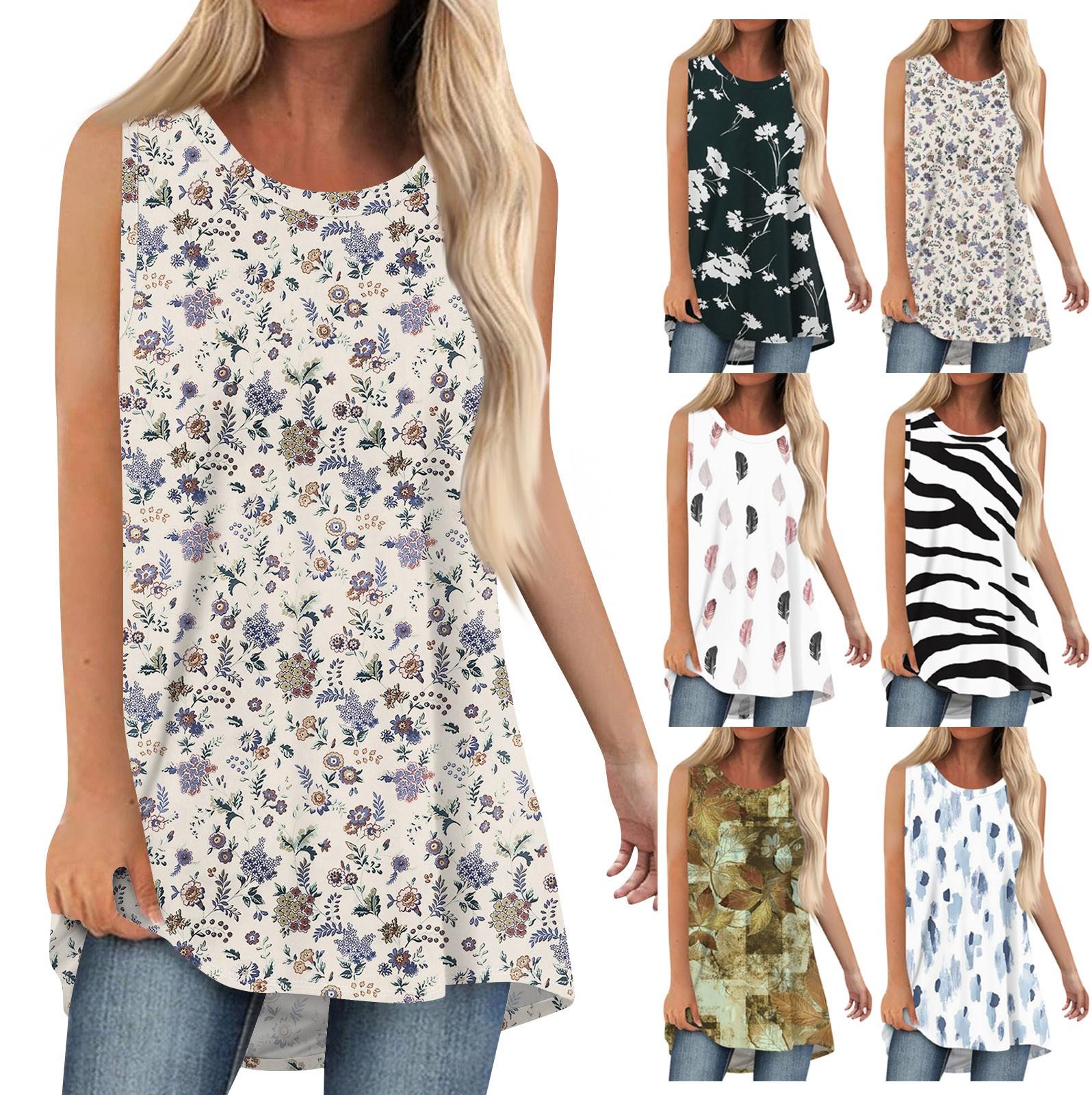 

Женская повседневная одежда без рукавов, свободный повседневный топ с цветочным принтом, пуловер с круглым вырезом