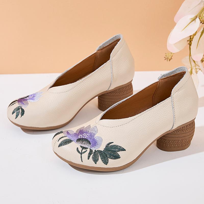 Fashion GKTINOO 2025 Spring Embroidery Genuine Cow Leather Shoes Women Shoes Fashion Mom Shoes Woman Ethnic Handmade Shoes High Heels
