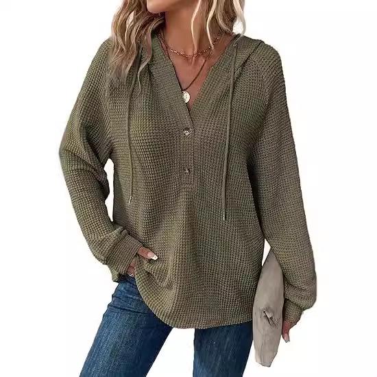 Women's V-Neck Waffle Knit Drawstring Button Long Sleeve Hoodie