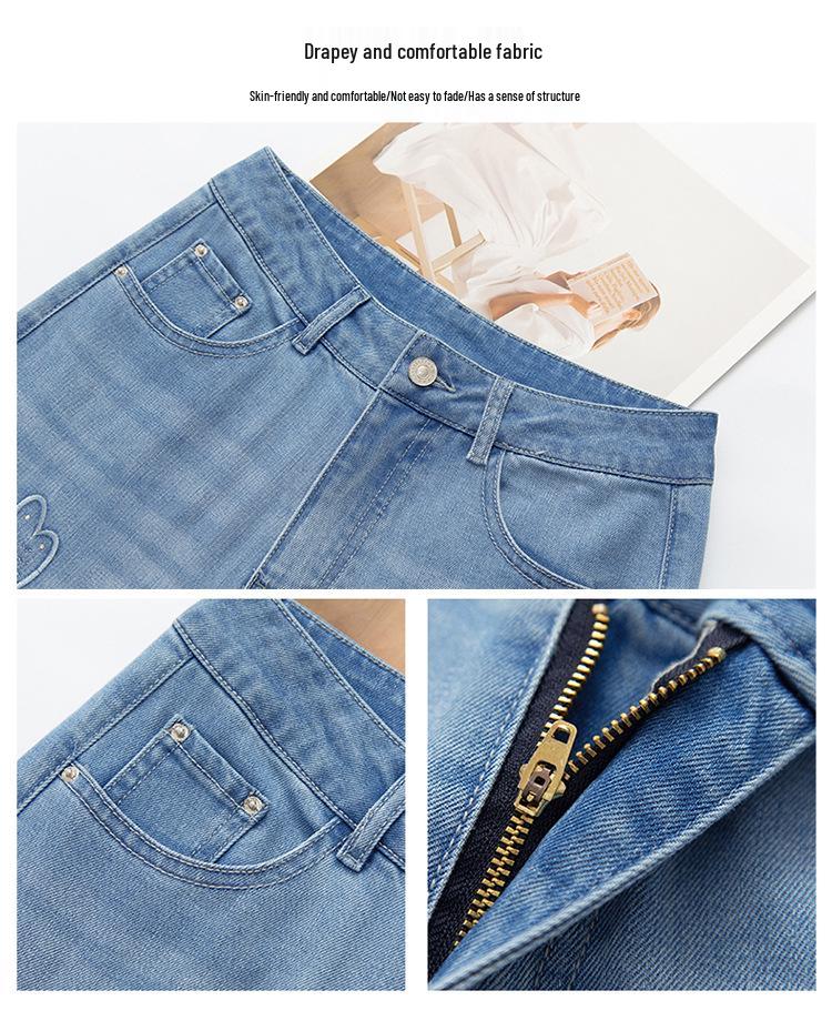 Women's High-Waisted Light Blue Denim Wide-Leg Pants with Rhinestone Embroidery - 2026 Spring/Autumn Chinese Style Slimming Casuals