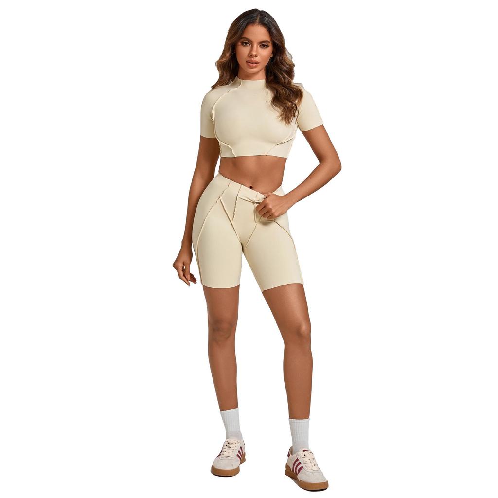 European & American 3D Patchwork Quick-Dry Yoga Set: Tight Short Sleeve & Shorts