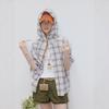 [Light summer blues] Summer new fresh plaid hooded sunscreen shirt fresh versatile top women