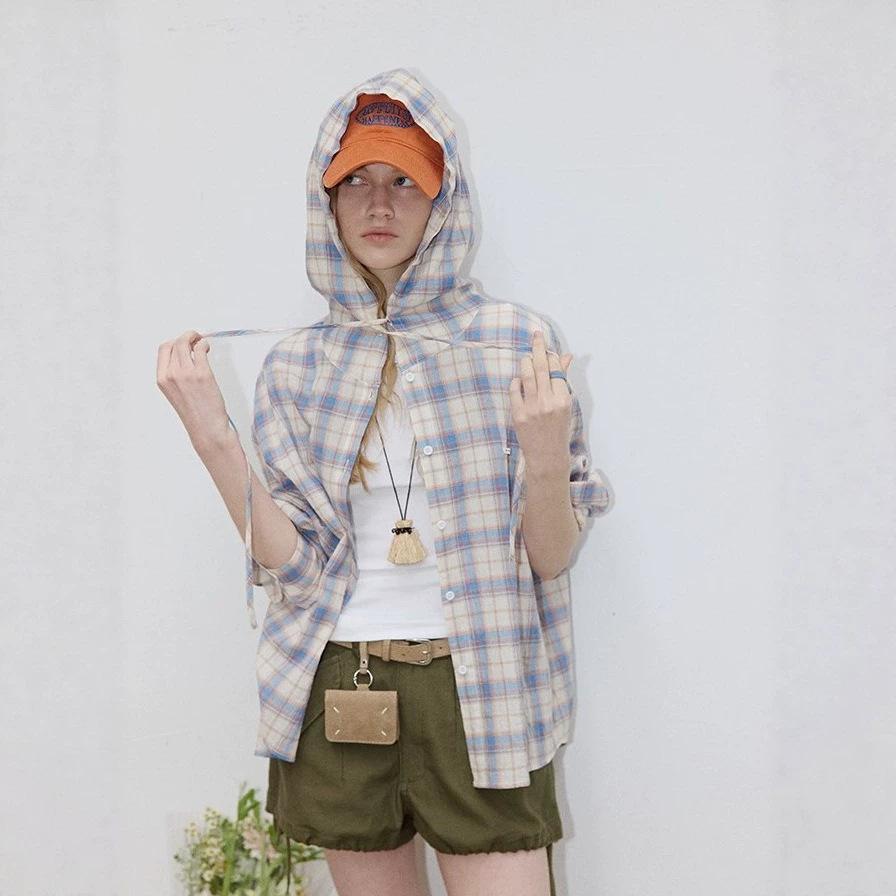 [Light summer blues] Summer new fresh plaid hooded sunscreen shirt fresh versatile top women