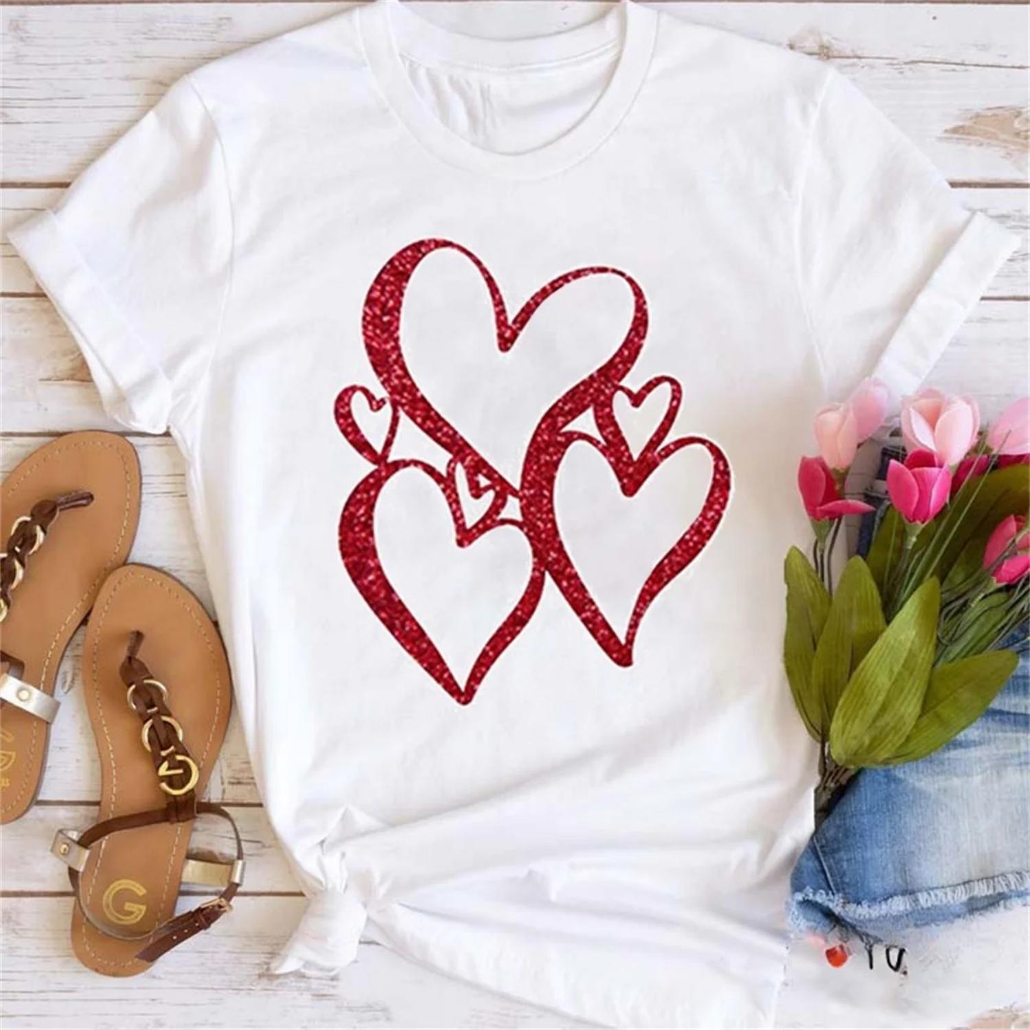 Trendy Women s Fashion Casual New Women s Love Pattern T-Shirt 90s Top O-Neck Short Sleeve Fun Printed Summer Travel T-Shirt S