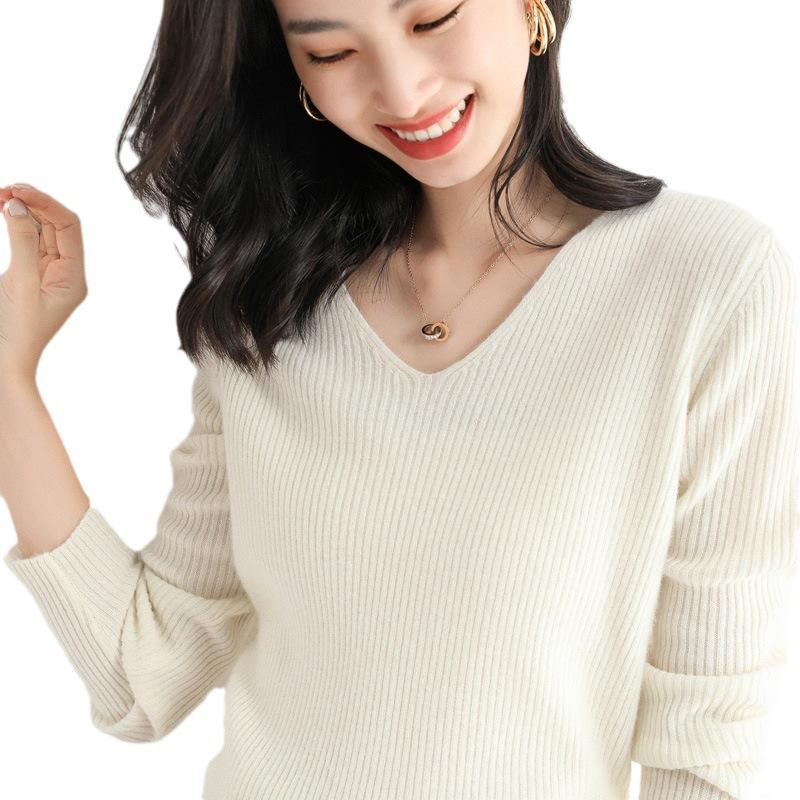 V-neck Knitted Sweater Women's Spring and Autumn Women's Sweater Slim-fitting Solid Color Knitted Long-sleeved Bottoming Versatile Short Top