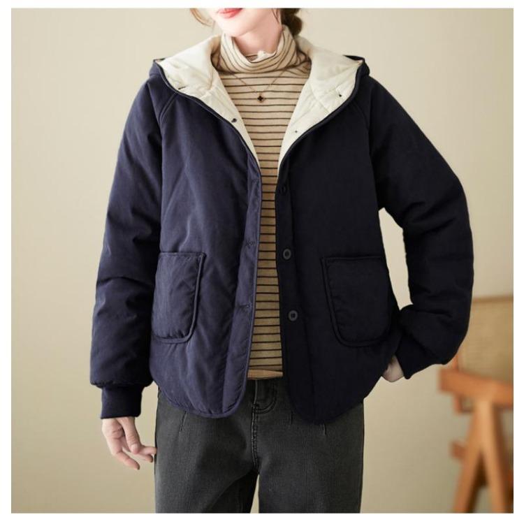 Hooded Windbreaker Jacket Autumn Winter Women Loose Casual Thickened Solid Color Cotton Velvet Coat