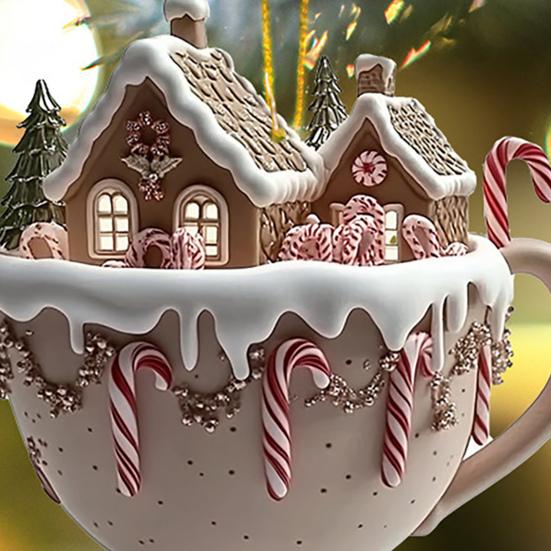 Ornement Tasse à Café Maison Acrylique Neige Maison en Pain d'Épice Ornement Arbre de Noël Décoration de Fête pour Arbre Porte-Clés Sac à Dos