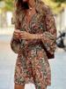 Abito boho casual estivo da donna con stampa floreale, maniche a sbuffo, vita alta, abiti da spiaggia midi