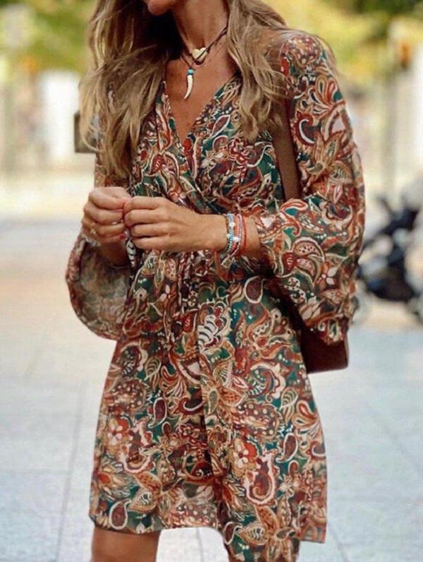 Abito boho casual estivo da donna con stampa floreale, maniche a sbuffo, vita alta, abiti da spiaggia midi