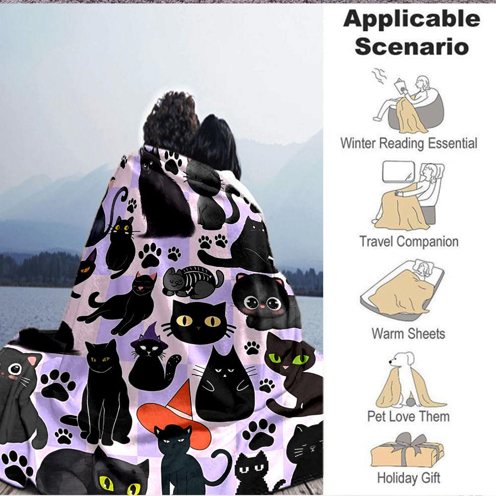 1pc Black Cats Lightweight Flannel Blanket, Comfortable and Warm Blanket, for Office and Camping Sofa Bed, Livingroom140