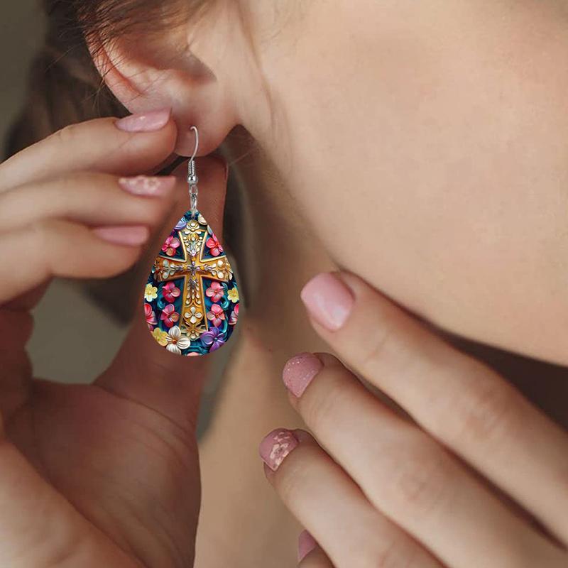 2 Pairs/Set Colorful Lily Flower Cross Pattern PU Leather Earrings Easter Earrings Women's Elegant Fashion Tears Earrings Holiday Party Gift