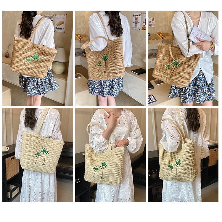 Palm tree embroidered straw tote bag handbag