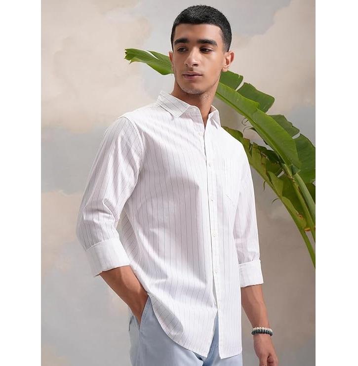 Men's Cotton Shirt Regular Fit Mandarin Collar Long Sleeve Striped