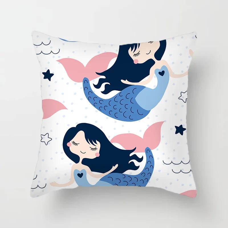 45*45cm Cute Cartoon Mermaid Dinosaur Alpaca Fox Pillowcase Sofa Office Seat Lumbar Cushion  Cover Home Decoration Pieces