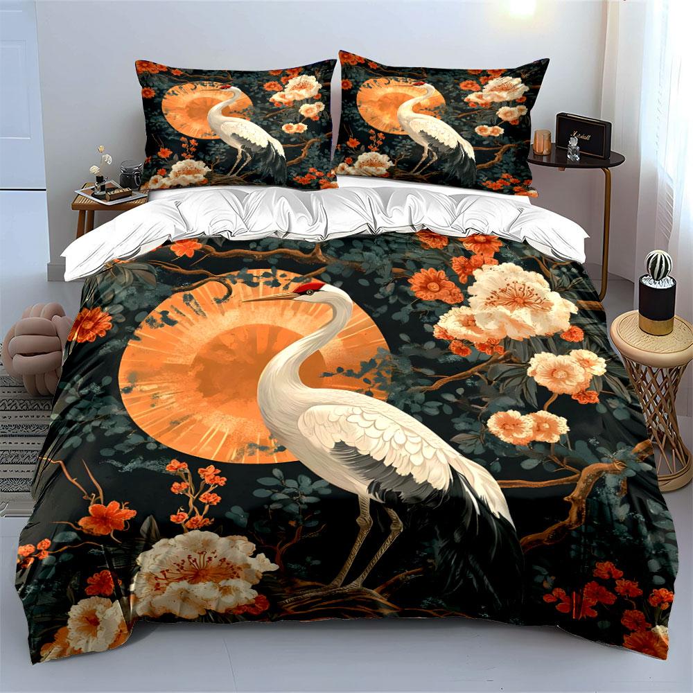 Crane with Floral Sunset Bedding Duvet Cover Set  (1*Duvet Cover 2*Pillowcases, without duvet insert)