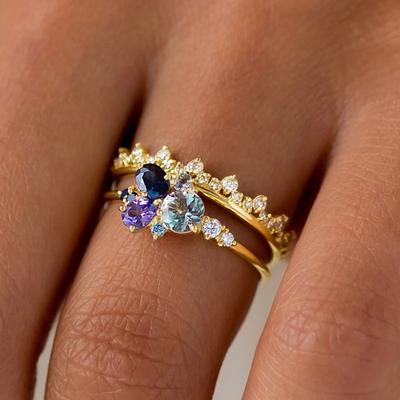 Huitan Multi Colored CZ Set Rings for Women Wedding Anniversary Party Luxury Elegant Lady Accessories Gold Color  Jewelry