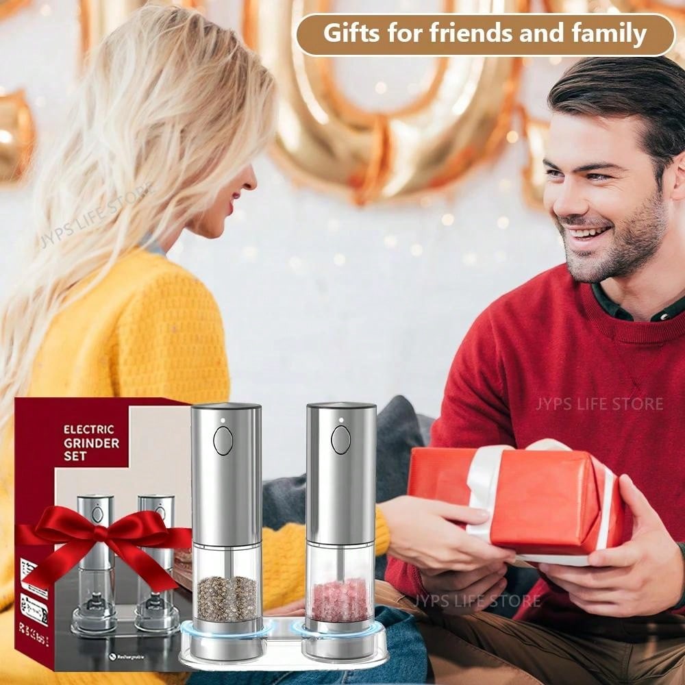 Ensemble de moulins à sel et à poivre électriques avec base, moulins à poivre rechargeables par USB en acier inoxydable, grossièreté réglable, cadeaux argentés