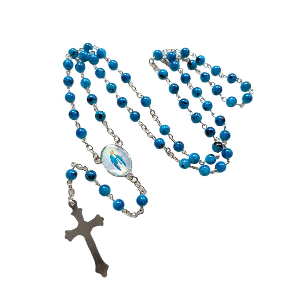 Handmade Round Glass Bead Catholic Rosary Necklace Cross Pendant Religious Necklace Long Chain Choker Player Religious