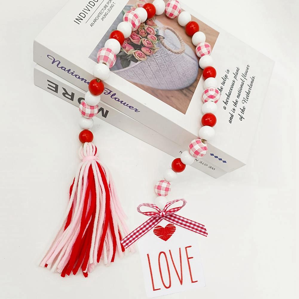 Love Wood Beads Garland Valentine’s Day Tiered Tray Decors Beaded Garland with Tassels Pendant Party Home Decoration Accessories