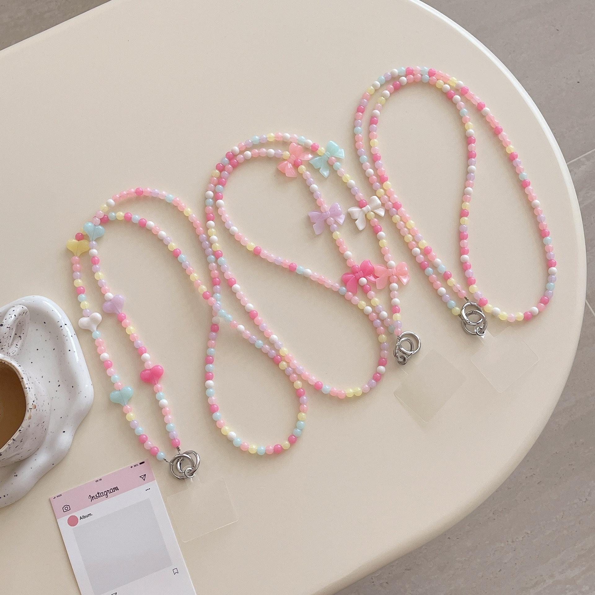 

Dopamine Candy Color Beaded Phone Case with Bow Chain Lanyard - Trendy Crossbody Design for Girls