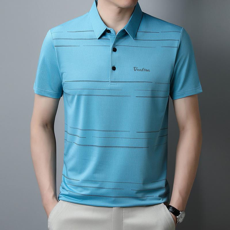 Premium Ice Striped Polo Shirt Short-Sleeved Men'S T-Shirt Loose Business Casual Lapel Ice Silk Top