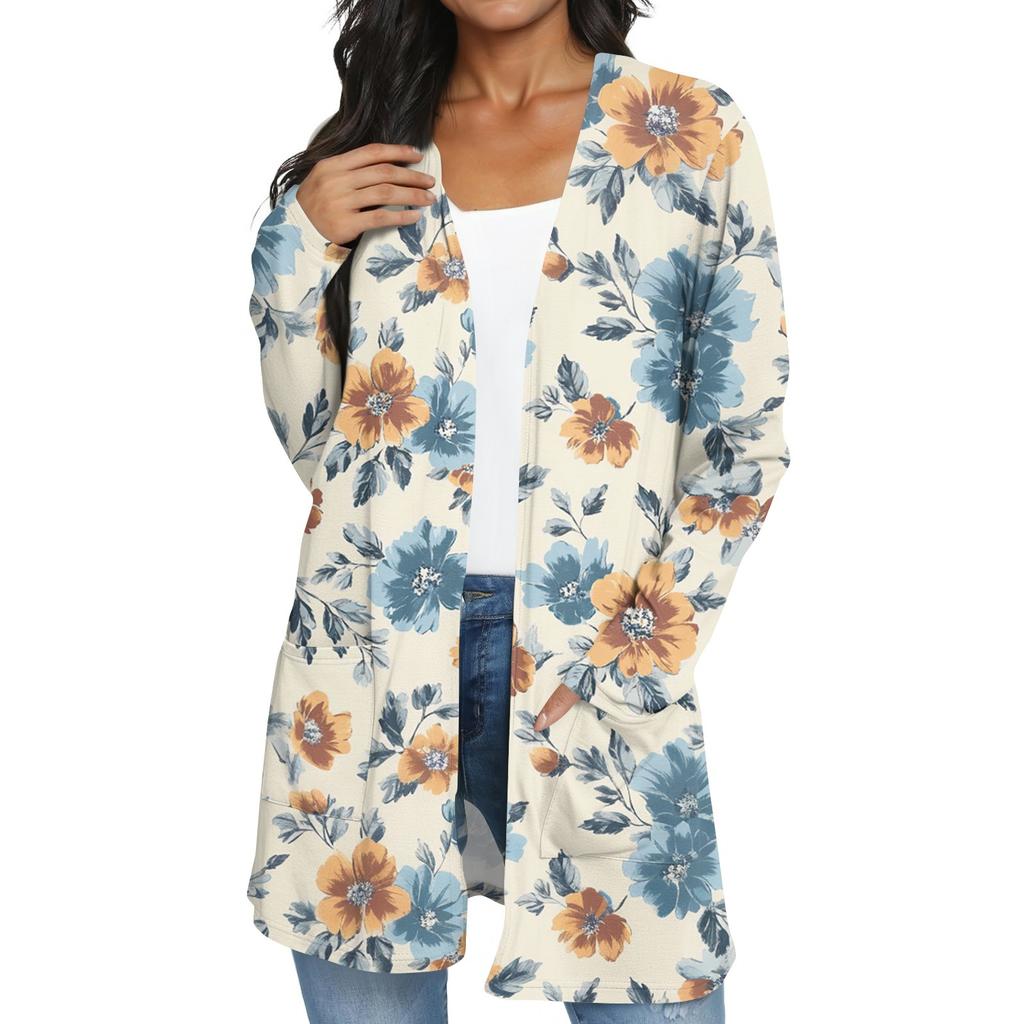 Dam Mode Casual Retro Blommig Mellång Kofta Jacka