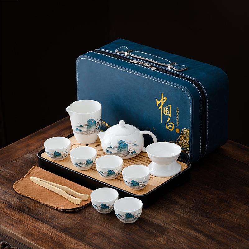 Suet Jade White Porcelain Tea Set Guochao Set Office Storage Kung Fu Tea Set Business Gift Tea Set