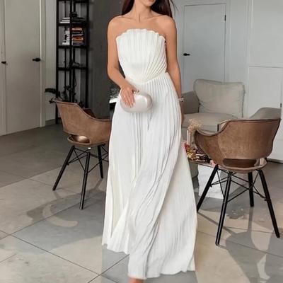 Letní plisované šifonové šaty pro ženy Design mušle Bez ramínek Trubice Maxi Splývavé šaty Bez zad Formální šaty pro svatební hosty