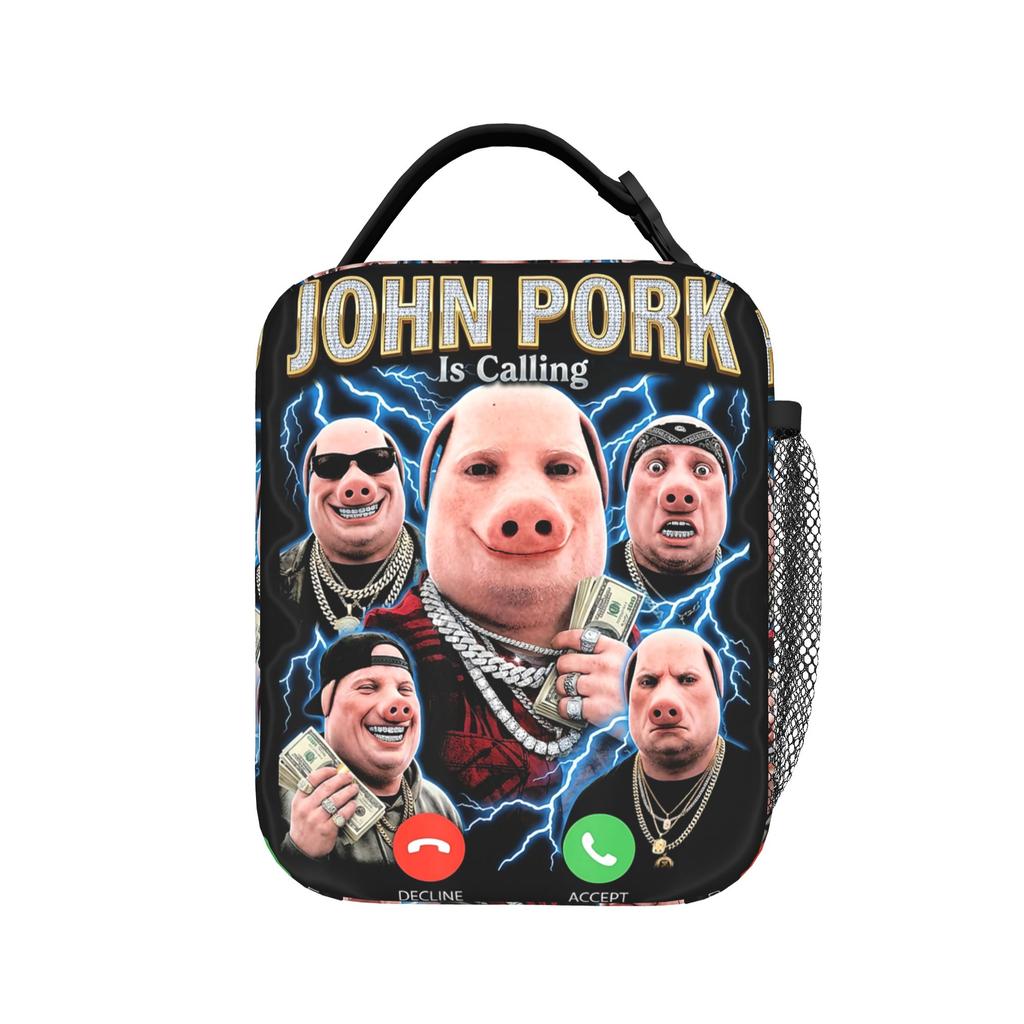 John Pork is Calling Meme Brainrot Lunch Bag Aesthetic Lunch Box Adult School Portable Cooler Bag Oxford Thermal Tote Handbags