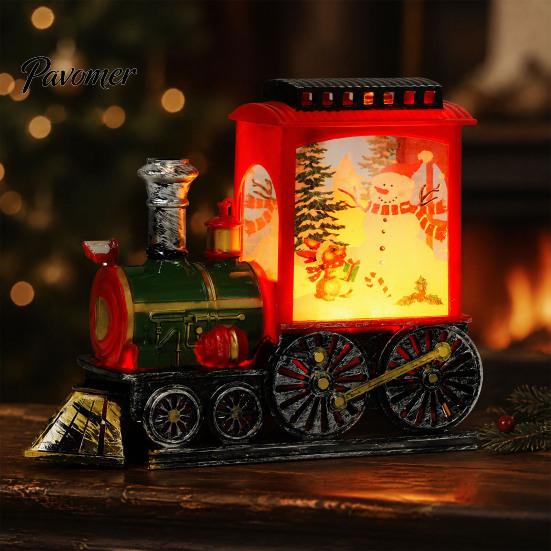 Snowy Christmas Night Ornament Train Snow with Light, Battery Powered Winter Desktop Decor Decoration, Swirling Glitter Decor, Lighted Tabletop