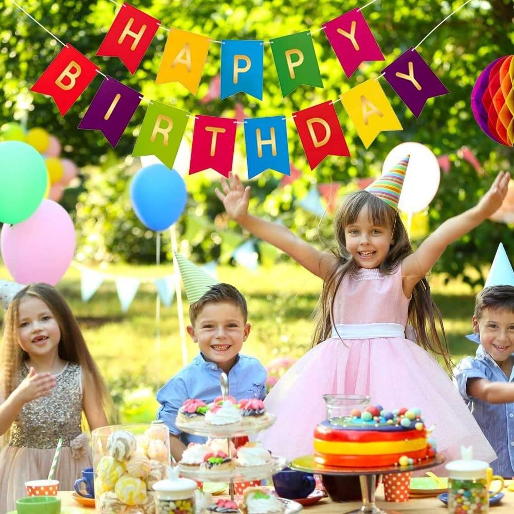 36 Pieces Reusable Birthday Decoration Set - Happy Birthday Banner, Bunting, Beehive Decoration, Ribbons (Confetti Rainbow Party Decoration)