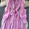Chic Vintage Three-dimensional Single Breasted Slim Elegant Fairy Korean Fashion Boho Women Clothing Long Dress