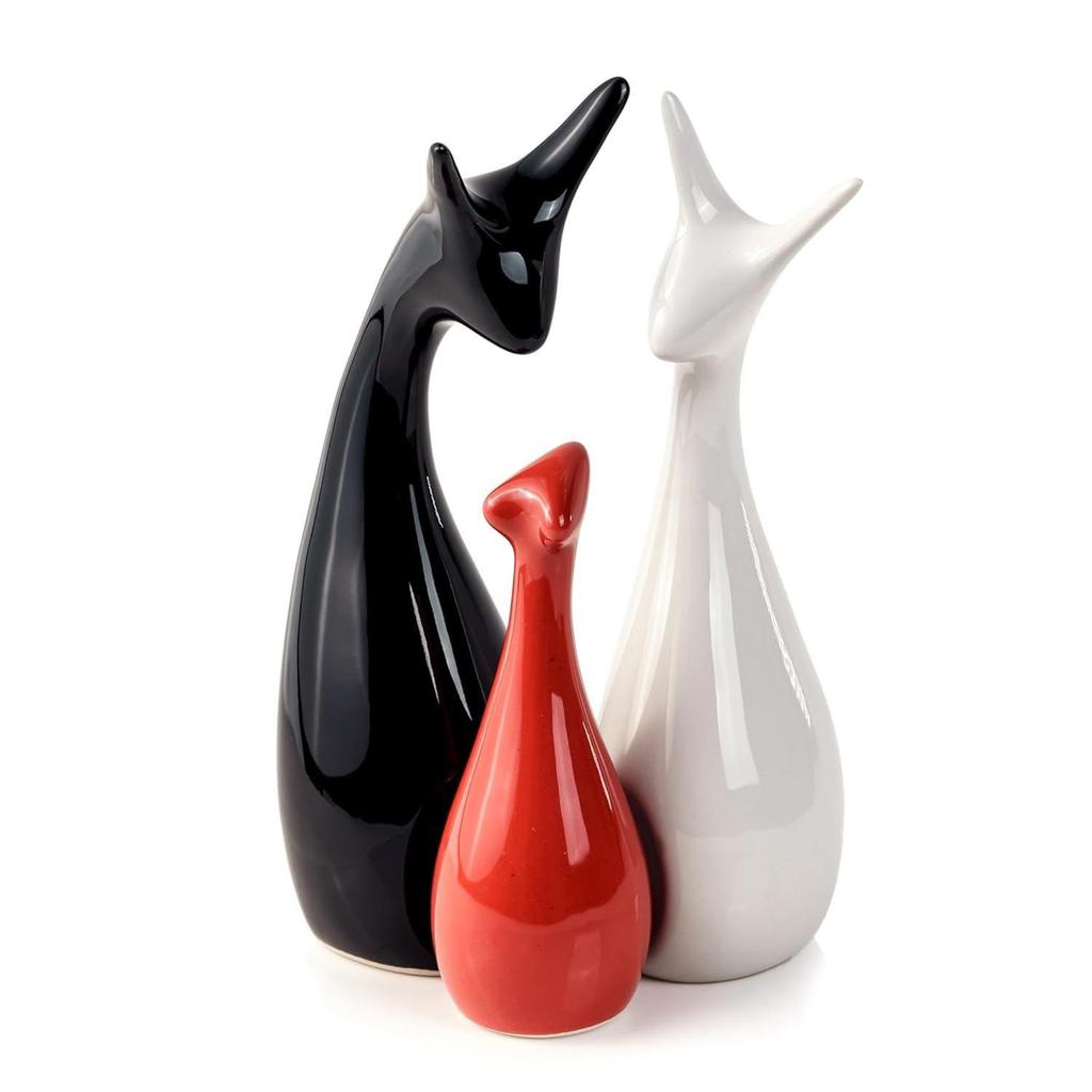 Home Decor Lucky Red White Black Deer Family Piano Glossy Finish Ceramic Figures- (Set of 3)