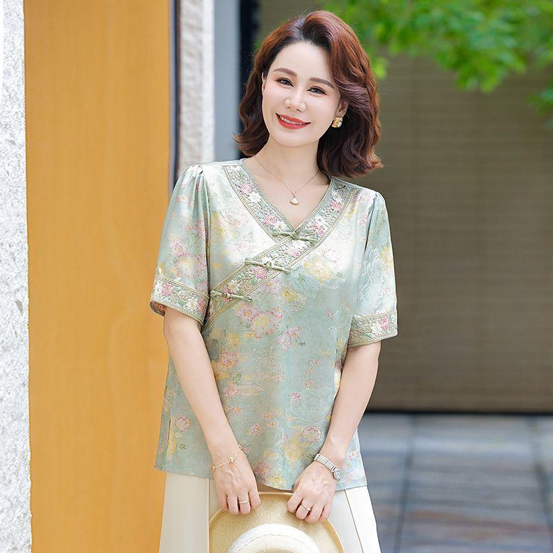 Women's Chinese Style Floral Print Blouse V-Neck Short Sleeve Satin Top for Middle-Aged